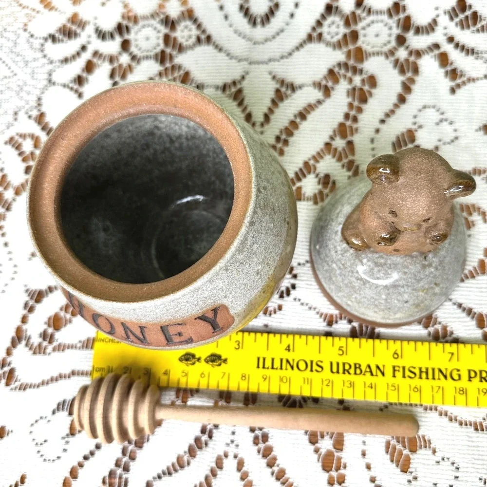 Vintage 1981 Mellow Mud Studio Pottery Bear Honey Pot Jar with Dipper Signed